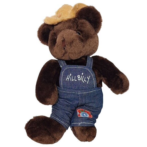 BJ Toy Co Hill Billy Teddy Bear Plush Straw Hat Overalls Stuffed Animal 12.5" - Picture 1 of 4